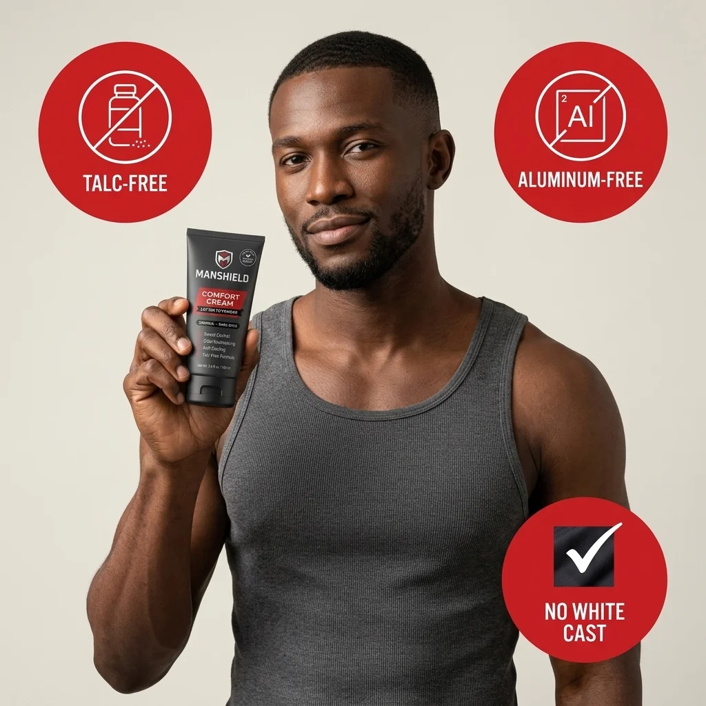 Man holding ManShield tube with talc-free, aluminum-free, no white cast badges